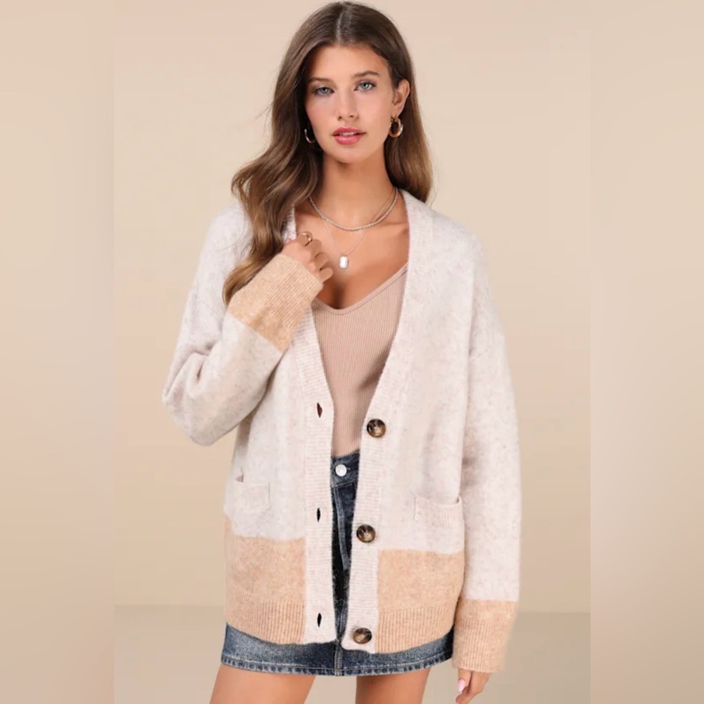 Lulus‎ Cozy Success Ivory Marled Color Block Cardigan Sweater Size Small